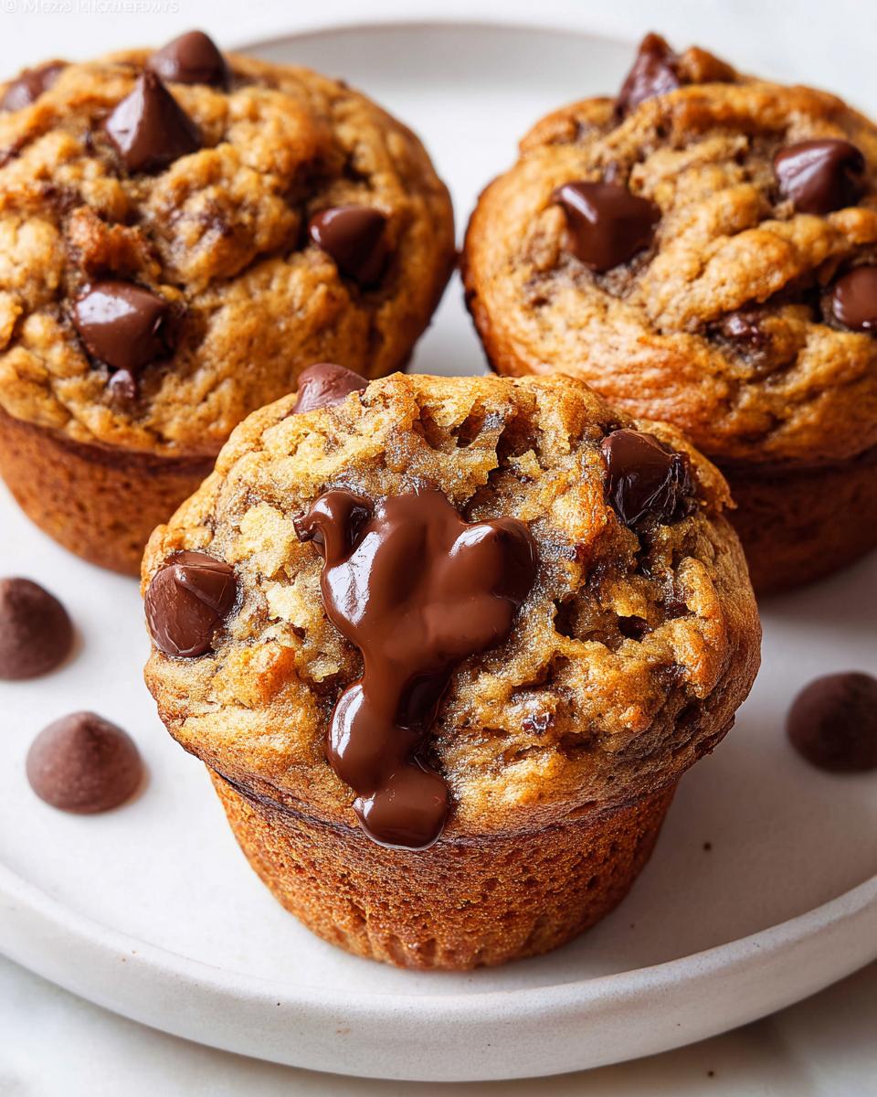 Three freshly baked Chocolate Chip Banana Muffins on a white plate, one topped with melted chocolate.