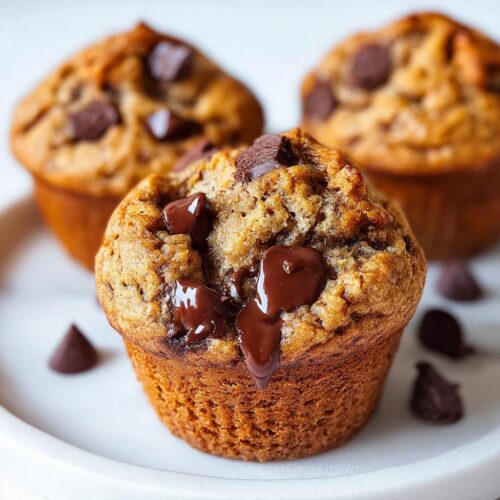 Close-up of a freshly baked Chocolate Chip Banana Muffin with melted chocolate chips on top.