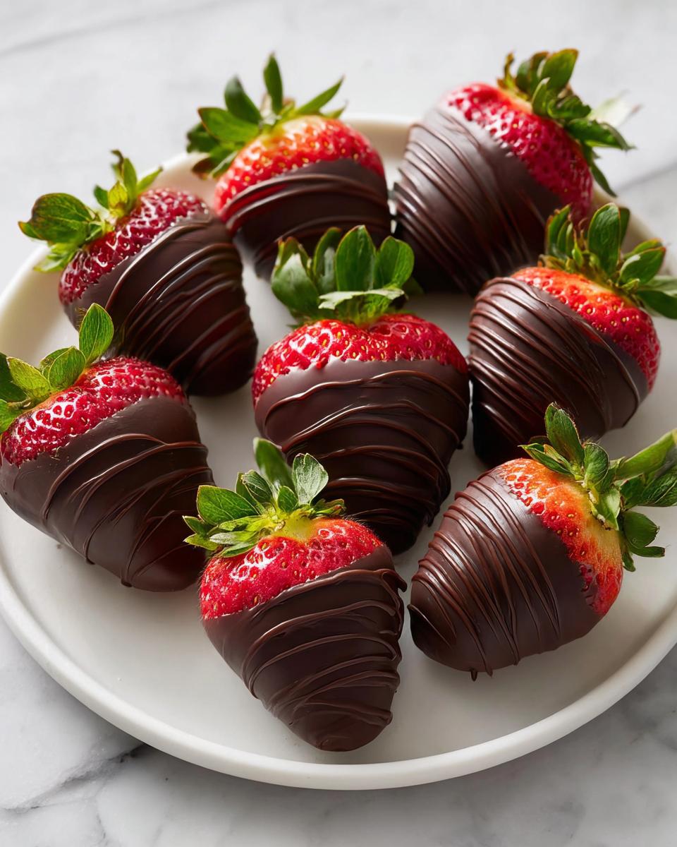 Seven perfectly dipped Chocolate Covered Strawberries with a dark chocolate drizzle on a white plate.