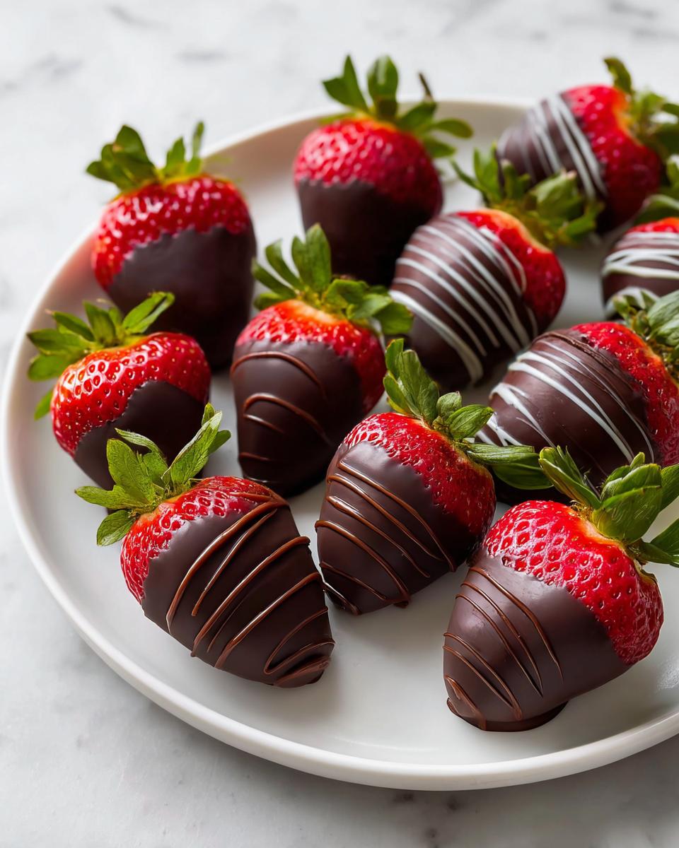 A close-up of several perfectly dipped Chocolate Covered Strawberries, some drizzled with dark and white chocolate, arranged on a white platter.