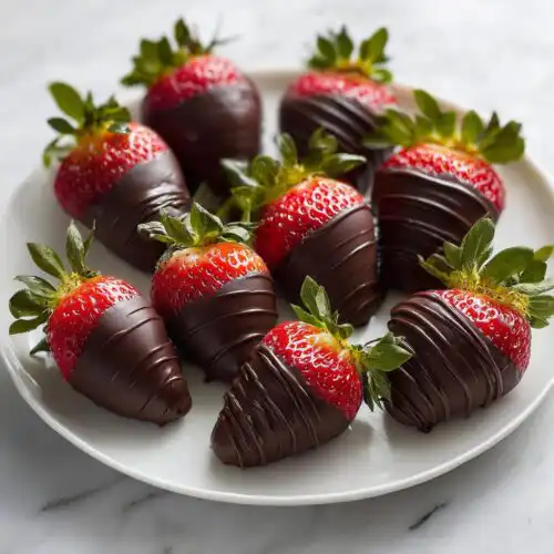 A plate of perfectly made Chocolate Covered Strawberries, dipped in dark chocolate and drizzled.