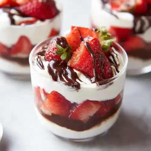Close-up of a layered Chocolate Strawberry Dessert with cream, fresh strawberries, and chocolate drizzle.