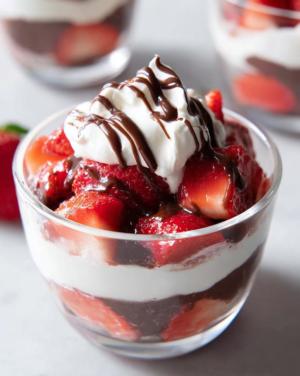 Close-up of a layered Chocolate Strawberry Dessert in a glass, topped with whipped cream and chocolate drizzle.