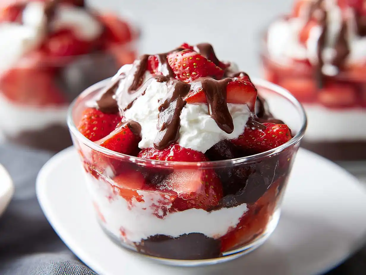 Close-up of a layered Chocolate Strawberry Dessert featuring fresh strawberries, whipped cream, and chocolate syrup in a clear glass.