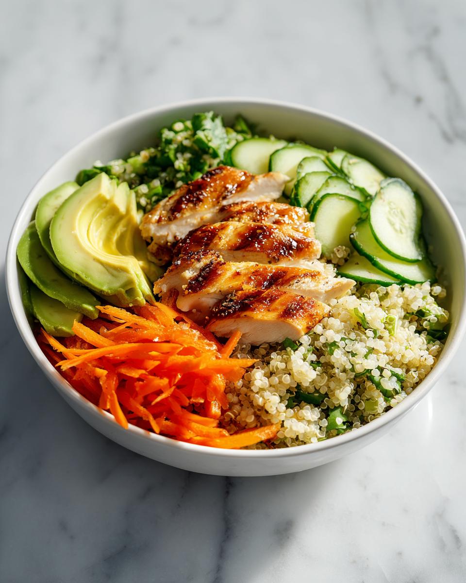 A vibrant Cold Chicken Bowl featuring sliced grilled chicken, avocado, shredded carrots, cucumber, and quinoa.