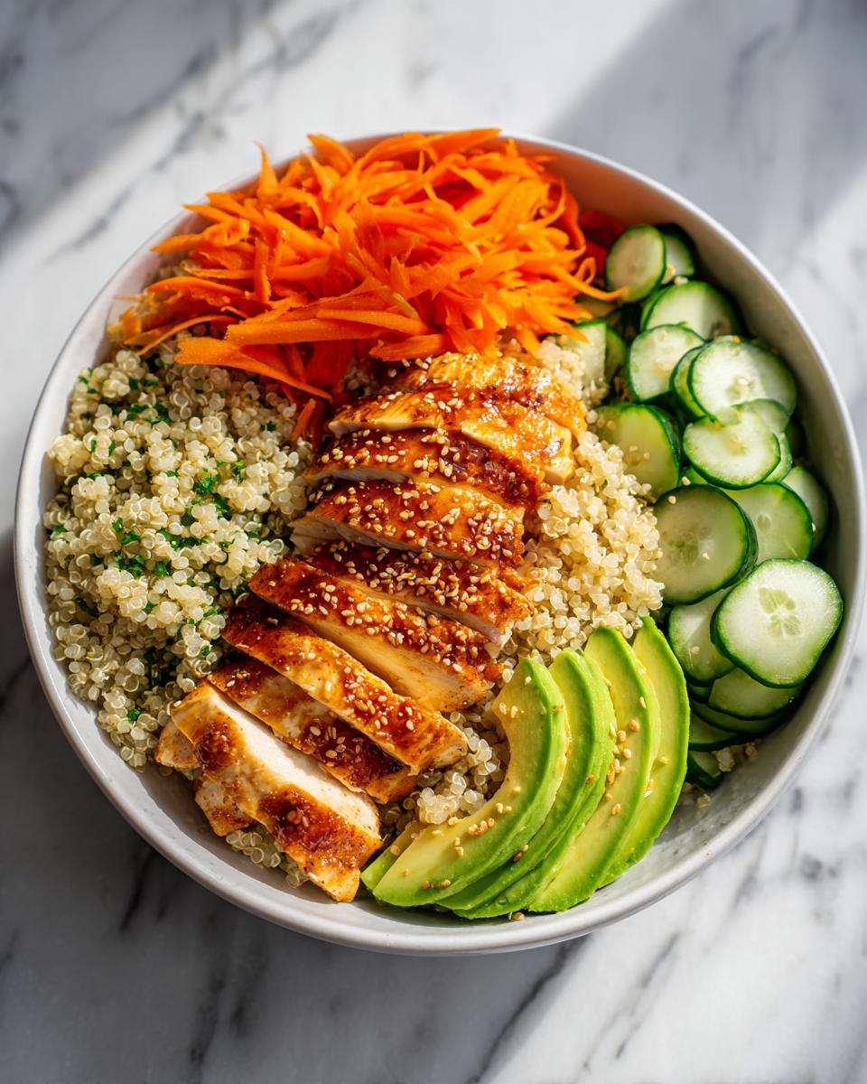 Overhead view of a colorful Cold Chicken Bowl featuring sliced glazed chicken, quinoa, shredded carrots, cucumber, and avocado.