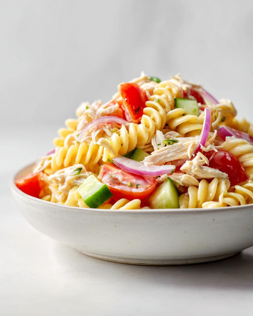 A close-up of a bowl filled with Cold Chicken Pasta Salad featuring rotini pasta, shredded chicken, cucumber, tomato, and red onion.