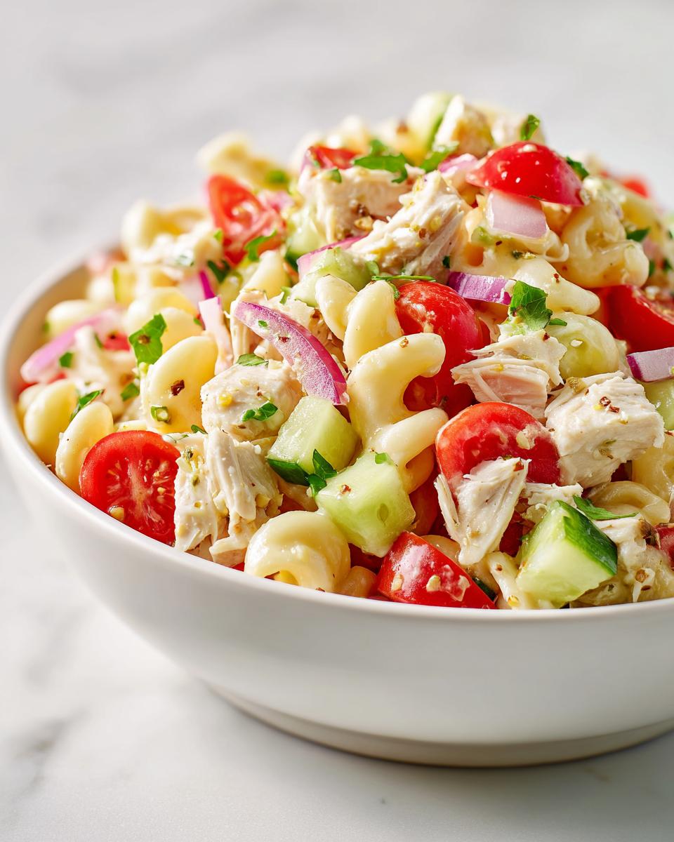A close-up view of a white bowl filled with Cold Chicken Pasta Salad, featuring elbow macaroni, shredded chicken, cherry tomatoes, cucumber, and red onion.