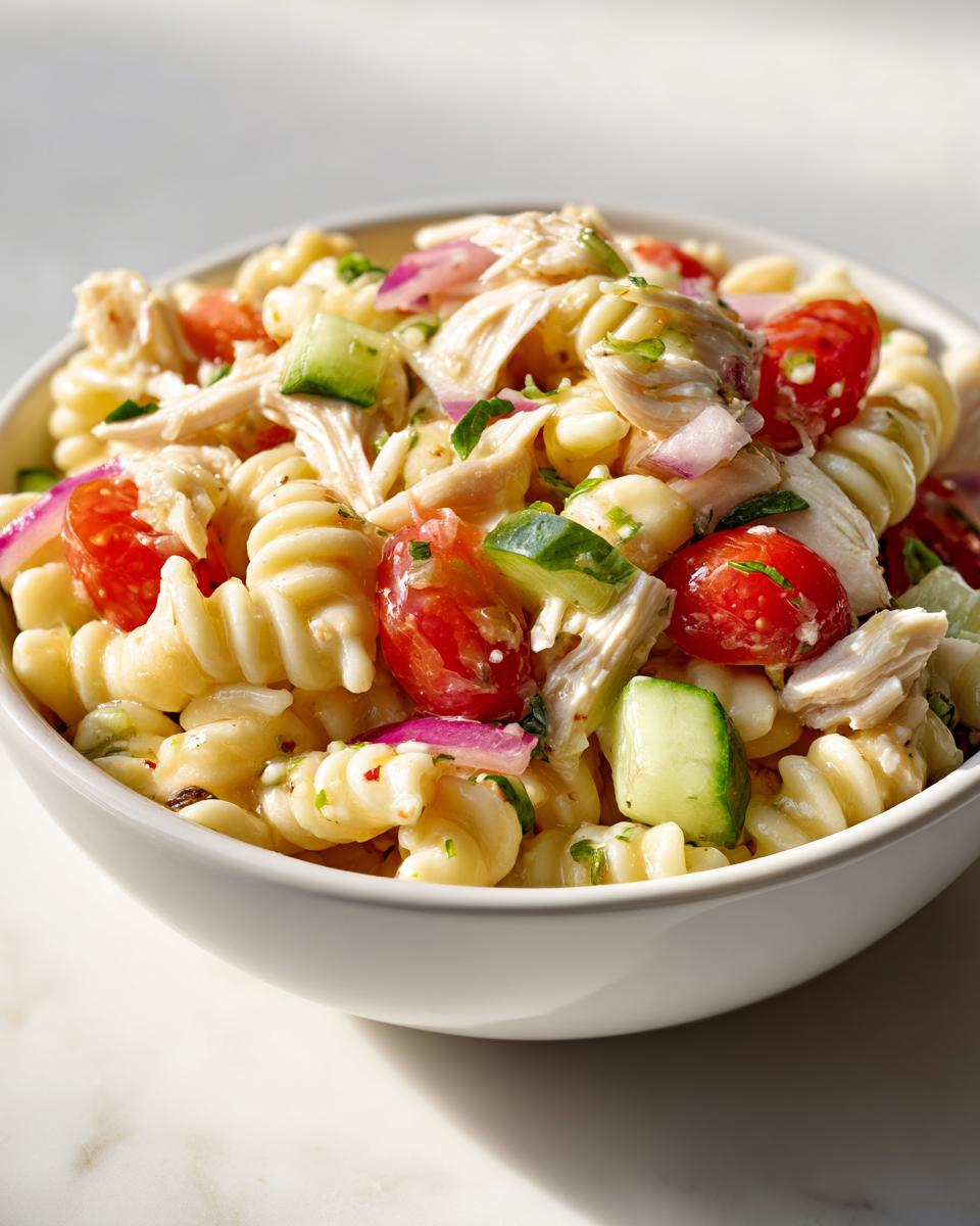 Close-up of a white bowl filled with Cold Chicken Pasta Salad featuring rotini pasta, shredded chicken, cherry tomatoes, and cucumber.