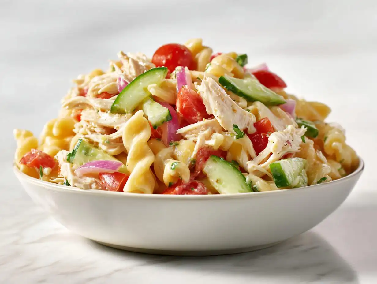 A generous serving of Cold Chicken Pasta Salad featuring rotini pasta, shredded chicken, cucumber slices, tomatoes, and red onion.