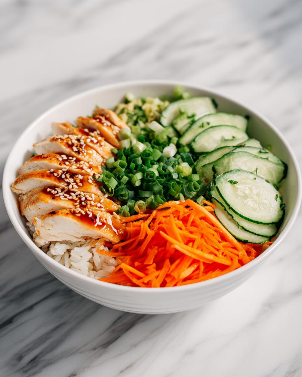 A vibrant Cold Chicken Rice Bowl featuring sliced glazed chicken, shredded carrots, cucumbers, and green onions over rice.