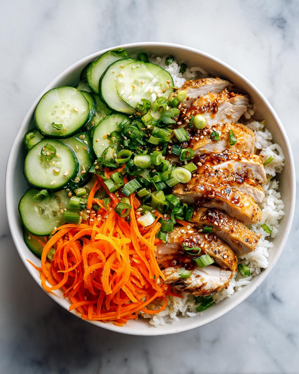 Overhead view of a vibrant Cold Chicken Rice Bowl featuring sliced glazed chicken, white rice, cucumbers, carrots, and scallions.