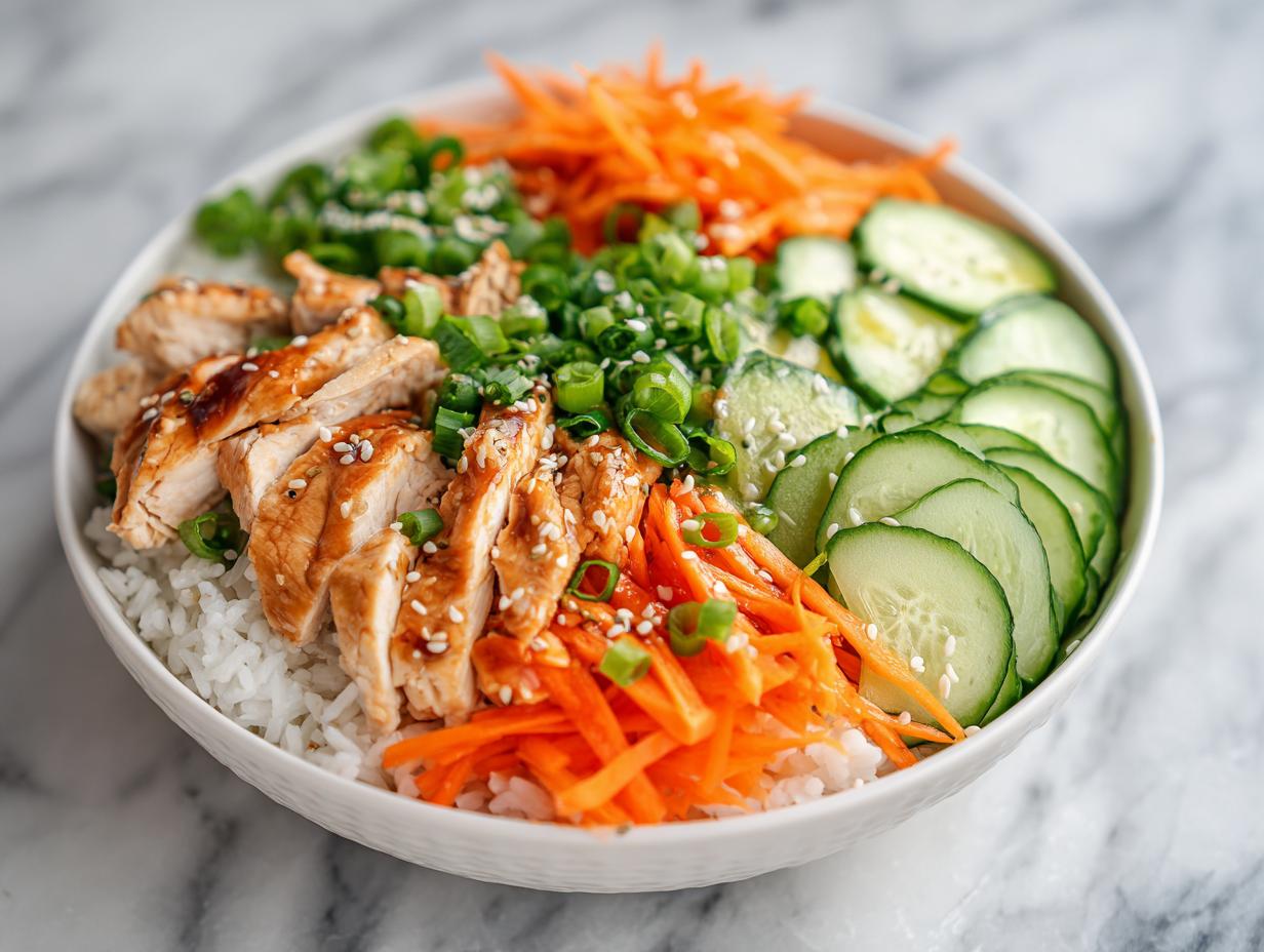 A close-up of a Cold Chicken Rice Bowl featuring sliced glazed chicken, white rice, shredded carrots, sliced cucumbers, and green onions.