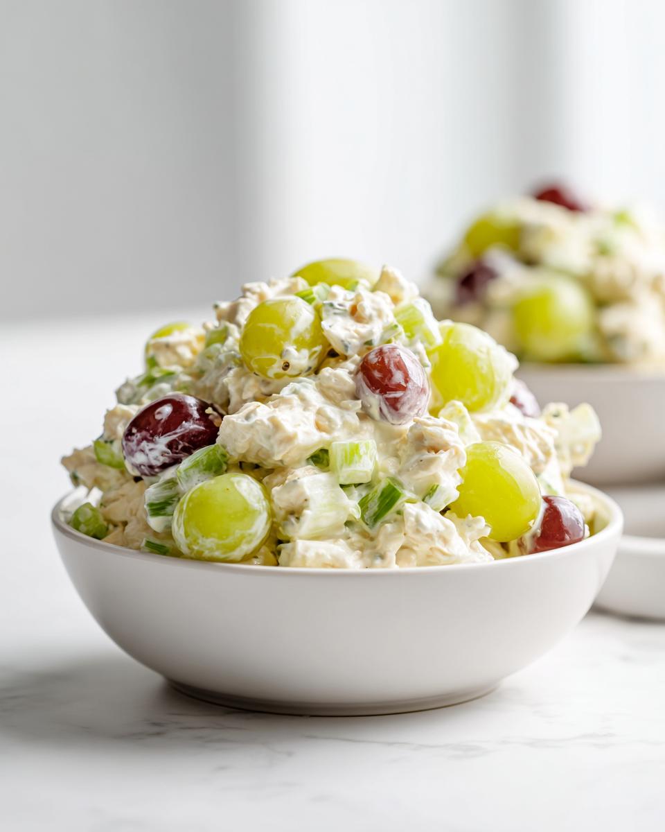 A white bowl filled with creamy Cold Chicken Salad Meal Prep mixed with green and red grapes and celery.