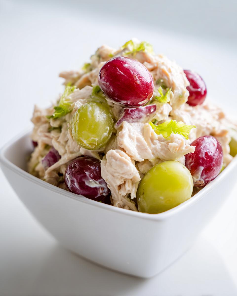 Close-up of creamy Cold Chicken Salad Meal Prep topped with red and green grapes in a white bowl.