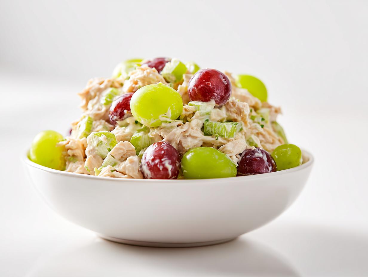 A white bowl filled with creamy Cold Chicken Salad Meal Prep mixed with celery and topped with red and green grapes.