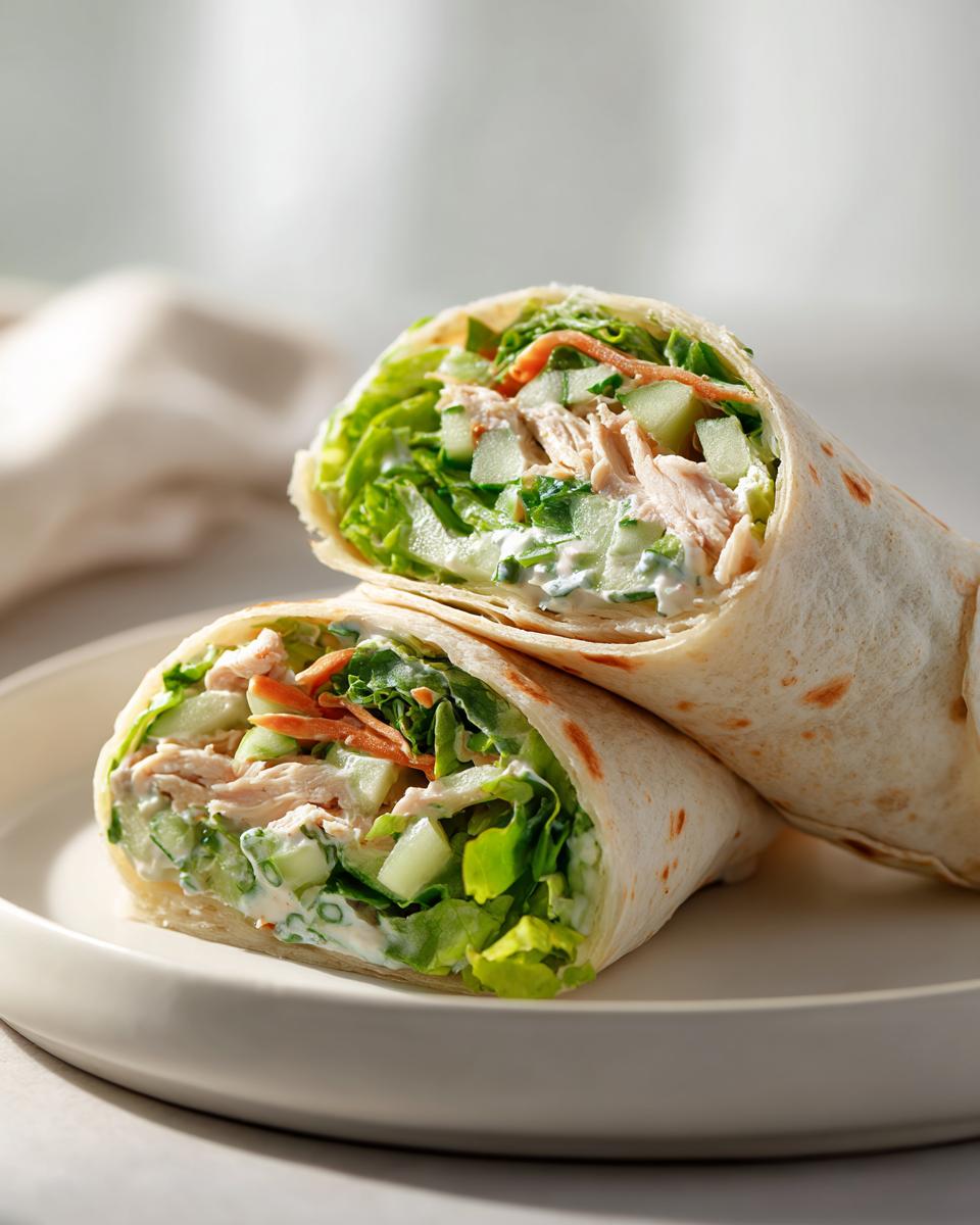 Two halves of a Cold Chicken Wrap, showing shredded chicken, crisp lettuce, cucumber, and creamy dressing inside a tortilla.