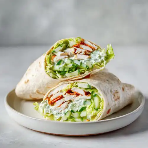A delicious Cold Chicken Wrap cut in half, showing layers of chicken, cucumber, lettuce, and creamy sauce inside a tortilla.