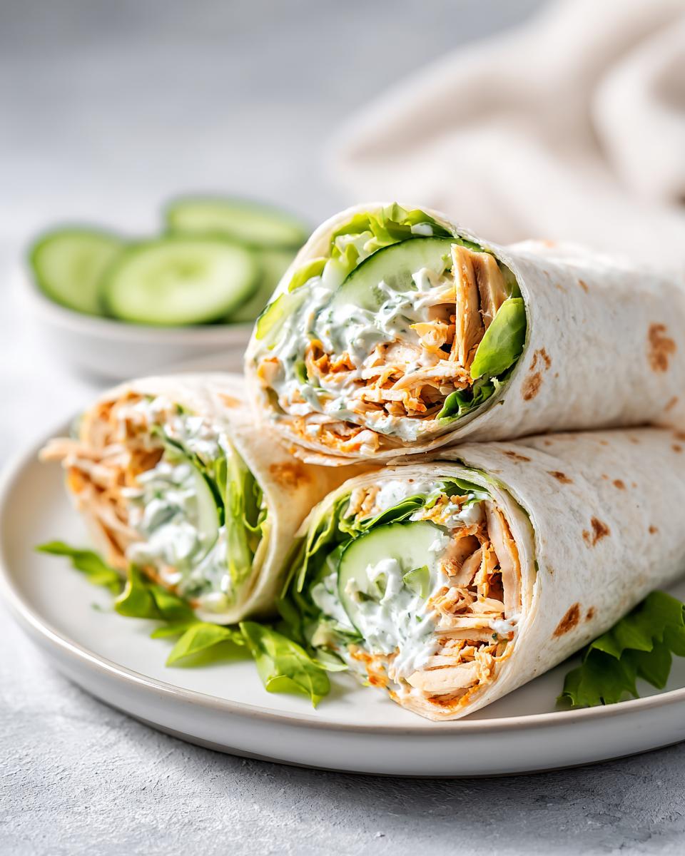 Three halves of a Cold Chicken Wrap stacked on a white plate, showing shredded chicken, lettuce, cucumber, and creamy sauce.