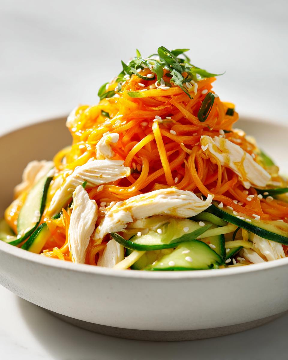 Close-up of a Cold Noodle Chicken Bowl featuring shredded carrots, sliced cucumber, and pulled white chicken meat.
