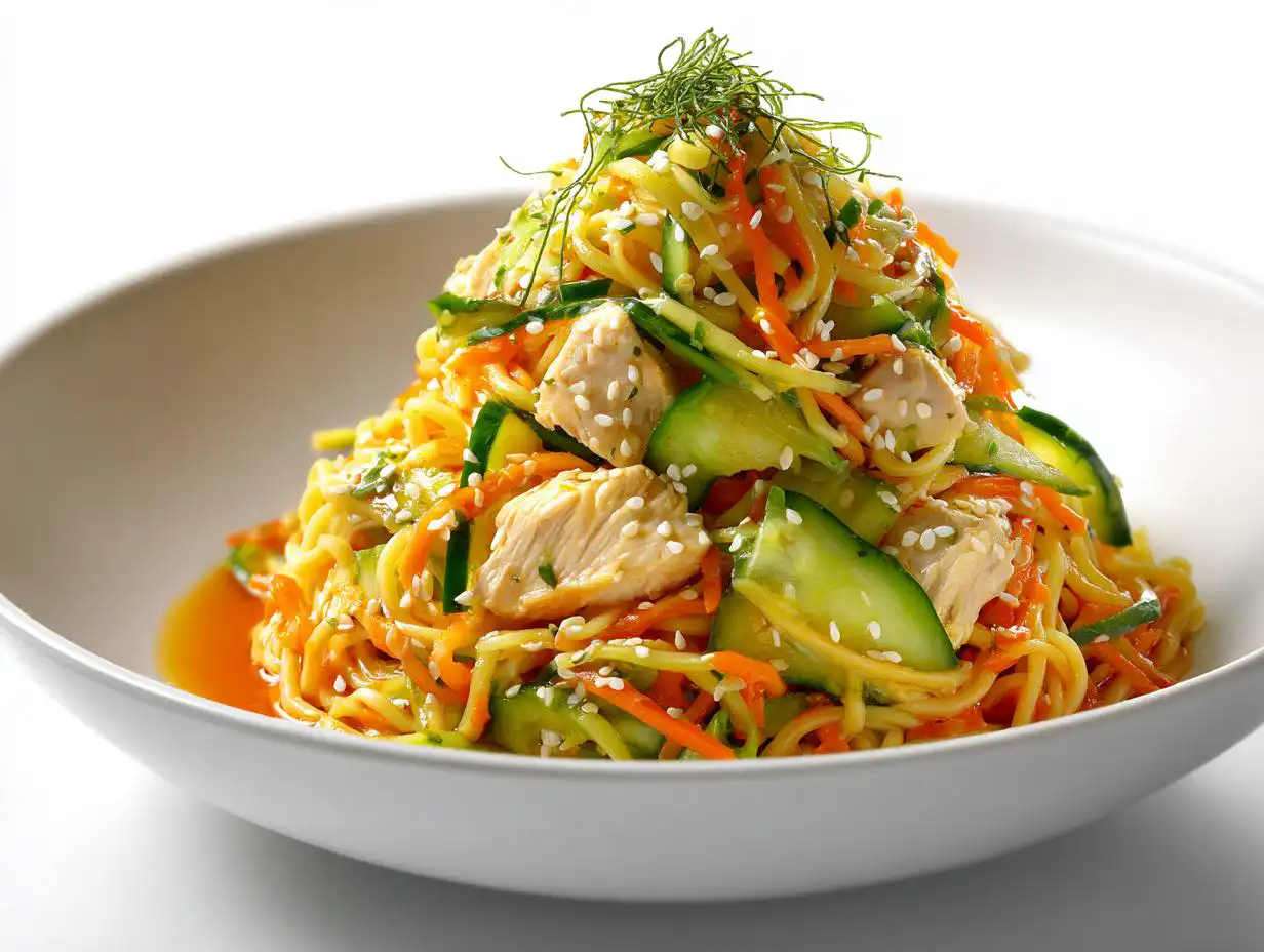A beautifully plated Cold Noodle Chicken Bowl featuring noodles, shredded carrots, cucumber slices, and chicken pieces topped with sesame seeds.