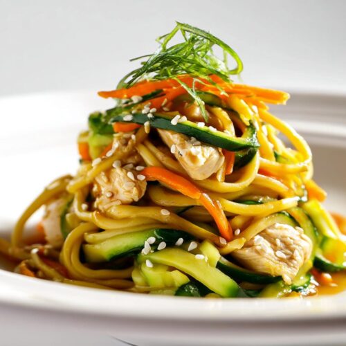 Close-up of a beautifully plated Cold Noodle Chicken Bowl featuring noodles, chicken pieces, julienned carrots, and zucchini ribbons, topped with sesame seeds.