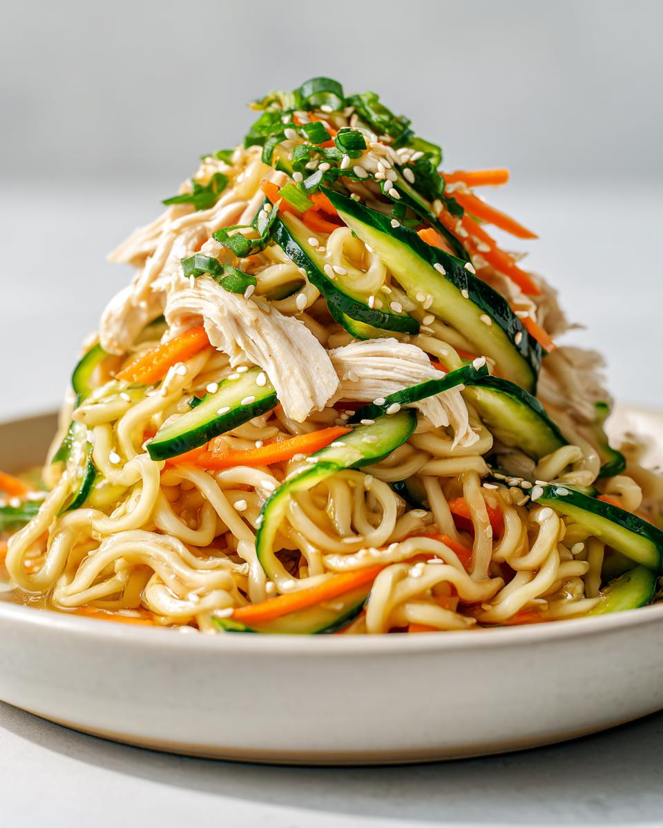 A mound of Cold Noodle Chicken Bowl featuring noodles, shredded chicken, cucumber ribbons, and carrots, topped with scallions and sesame seeds.