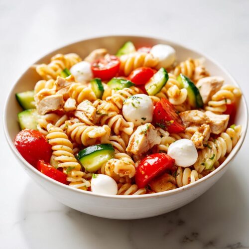 Close-up of a bowl of Cold Pasta Salad Chicken with rotini, cherry tomatoes, cucumber, and mozzarella balls.