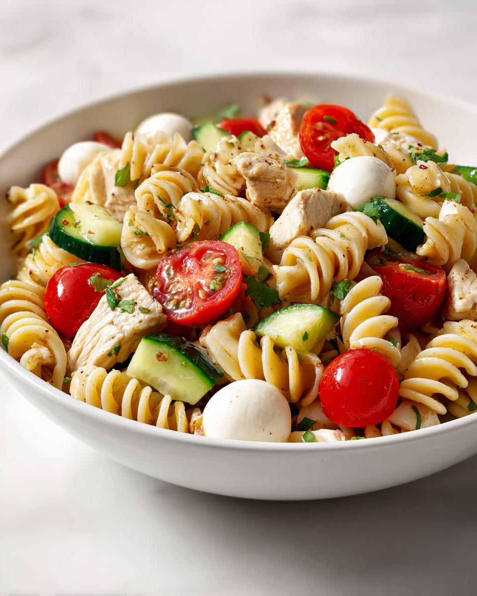 Close-up of a white bowl filled with Cold Pasta Salad Chicken, rotini pasta, cherry tomatoes, cucumber, and mozzarella balls.