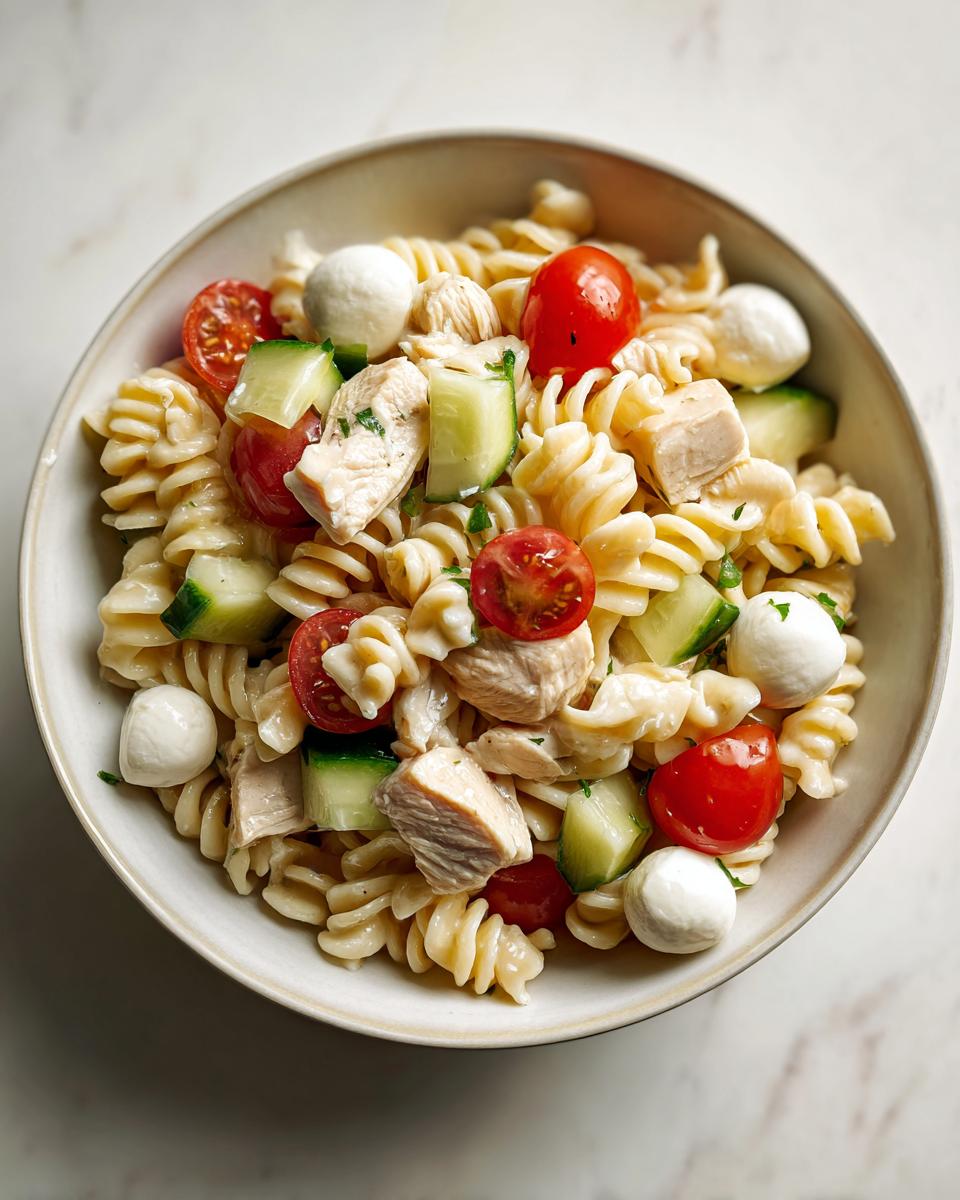 Overhead view of a bowl filled with Cold Pasta Salad Chicken, rotini pasta, cherry tomatoes, cucumber chunks, and mozzarella balls.