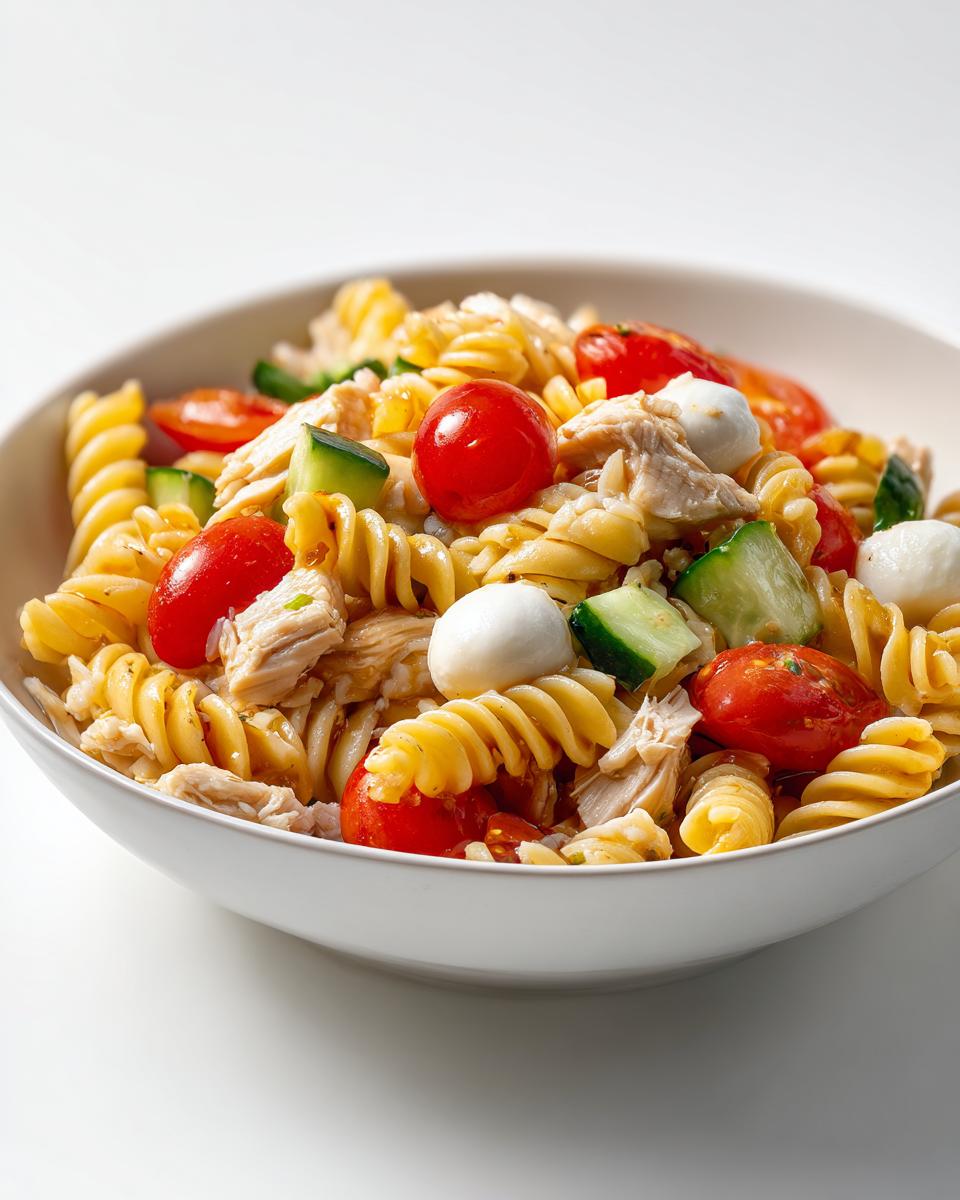 Close-up of a bowl filled with Cold Pasta Salad Chicken, rotini pasta, cherry tomatoes, cucumber, and mozzarella balls.