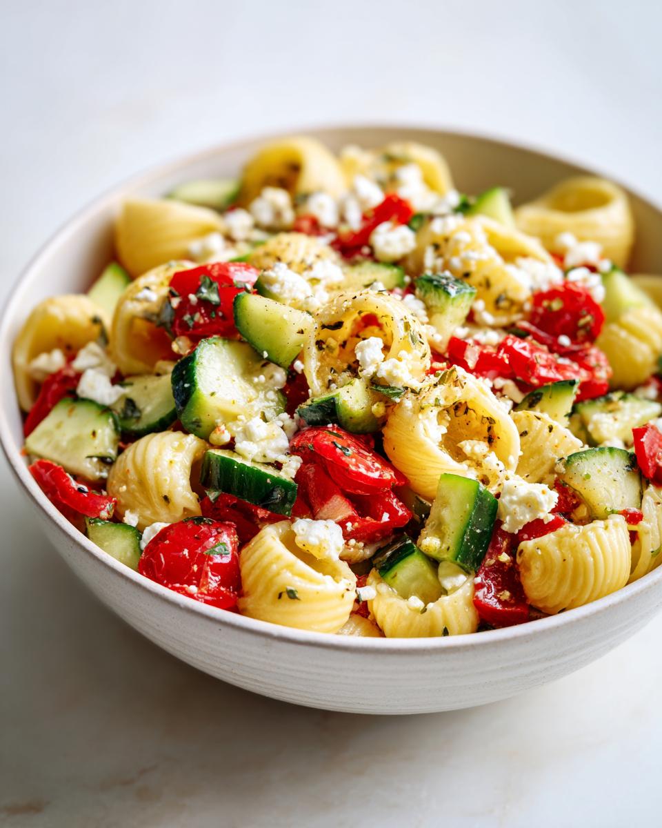 Close-up of a bowl filled with Cold Pasta Salad Lunch featuring shell pasta, chopped cucumber, roasted tomatoes, and feta cheese.