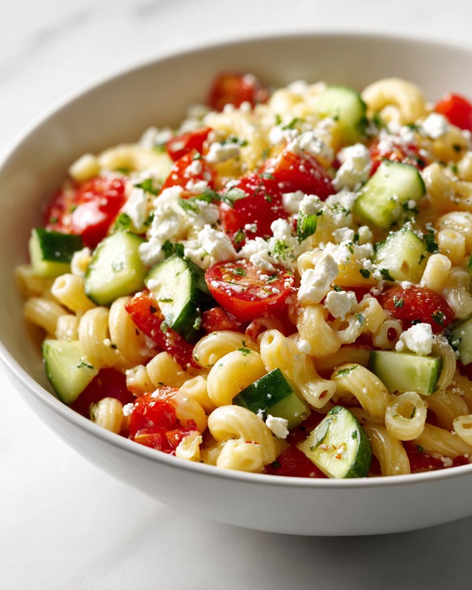 A close-up of a bowl filled with Cold Pasta Salad Lunch featuring elbow macaroni, chopped tomatoes, cucumber, and crumbled feta cheese.