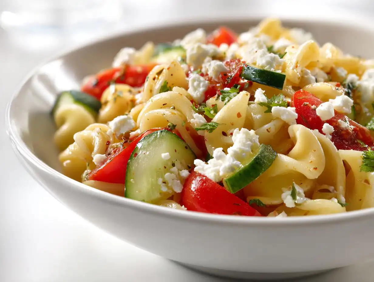 A close-up of a vibrant Cold Pasta Salad Lunch featuring rotini pasta, cherry tomatoes, cucumber slices, and crumbled feta cheese.