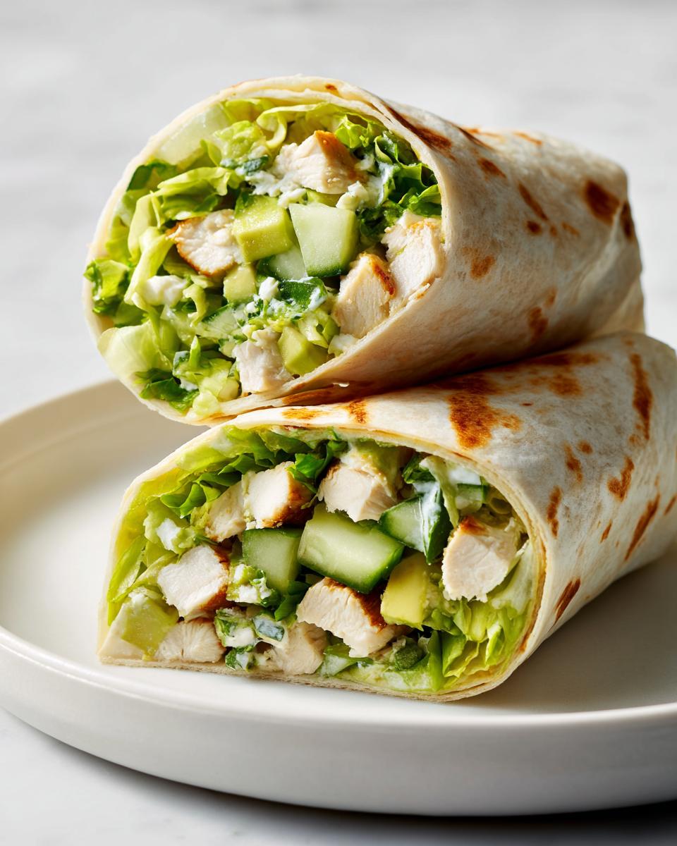 Two halves of a Cold Summer Chicken Wrap stacked, showing diced chicken, cucumber, lettuce, and creamy dressing.