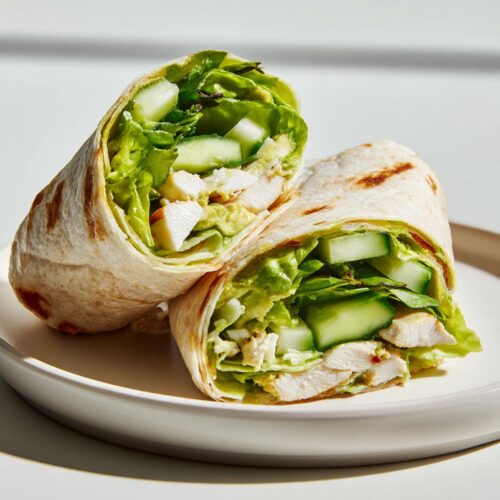 A Cold Summer Chicken Wrap cut in half, showing sliced chicken, crisp lettuce, and cucumber inside a toasted tortilla.