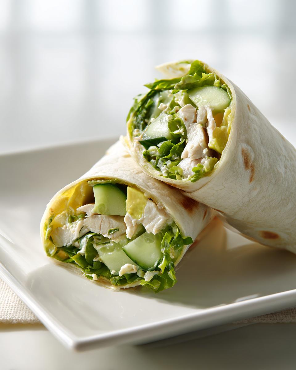 Two halves of a delicious Cold Summer Chicken Wrap, filled with chicken, cucumber, and lettuce, stacked on a white plate.