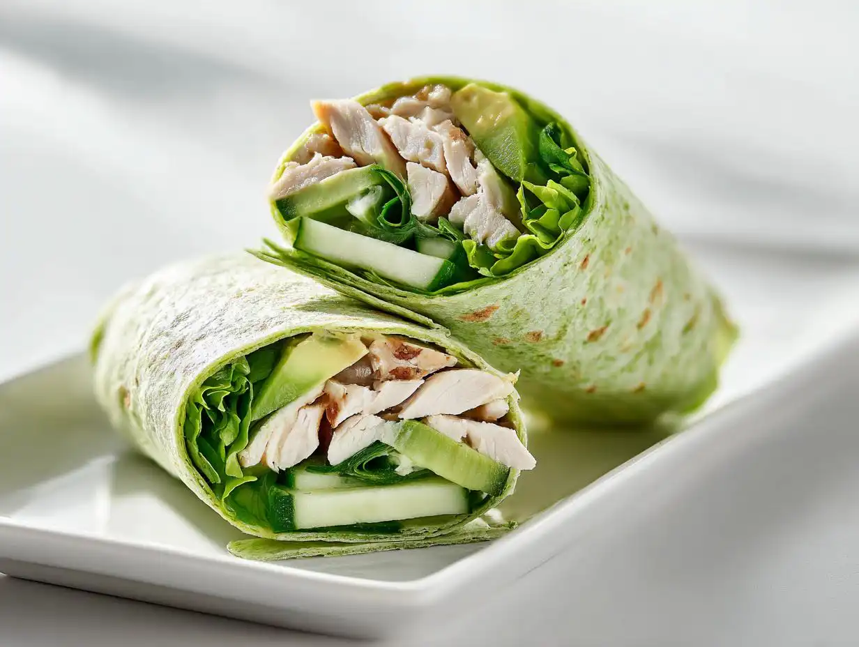 Two halves of a vibrant green tortilla filled with shredded chicken, fresh lettuce, cucumber, and avocado, making up a Cold Summer Chicken Wrap.