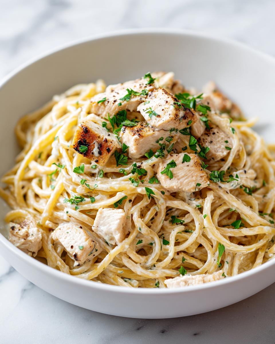 Close-up of a white bowl filled with Creamy Chicken Alfredo pasta topped with grilled chicken pieces and fresh parsley.