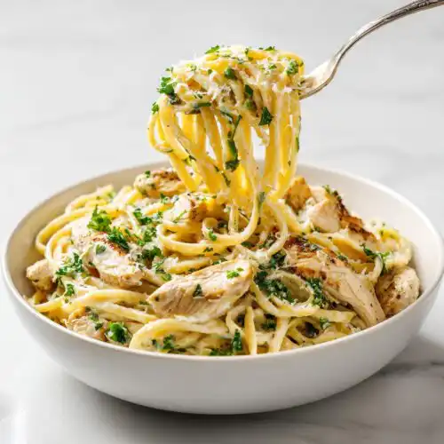 A fork lifting a swirl of pasta coated in creamy sauce from a bowl of Creamy Chicken Alfredo (Food Babe Style).