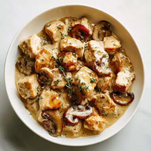 A white bowl filled with chunks of seared chicken and sliced mushrooms coated in a rich, creamy sauce, part of a Creamy Chicken Skillet Dinner.