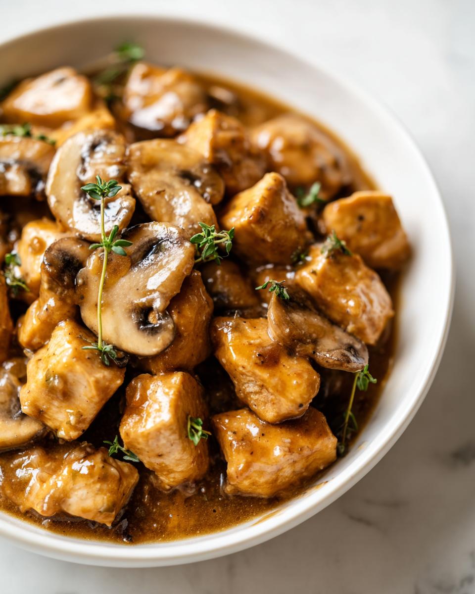 Close-up of cubed chicken pieces and sliced mushrooms coated in a rich sauce, part of a Creamy Chicken Skillet Dinner, garnished with thyme.