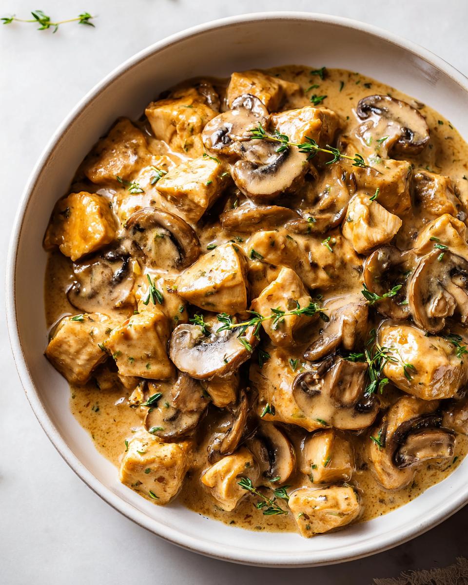 Close-up of a bowl of Creamy Chicken Skillet Dinner featuring cubed chicken and sliced mushrooms in a rich sauce, garnished with thyme.