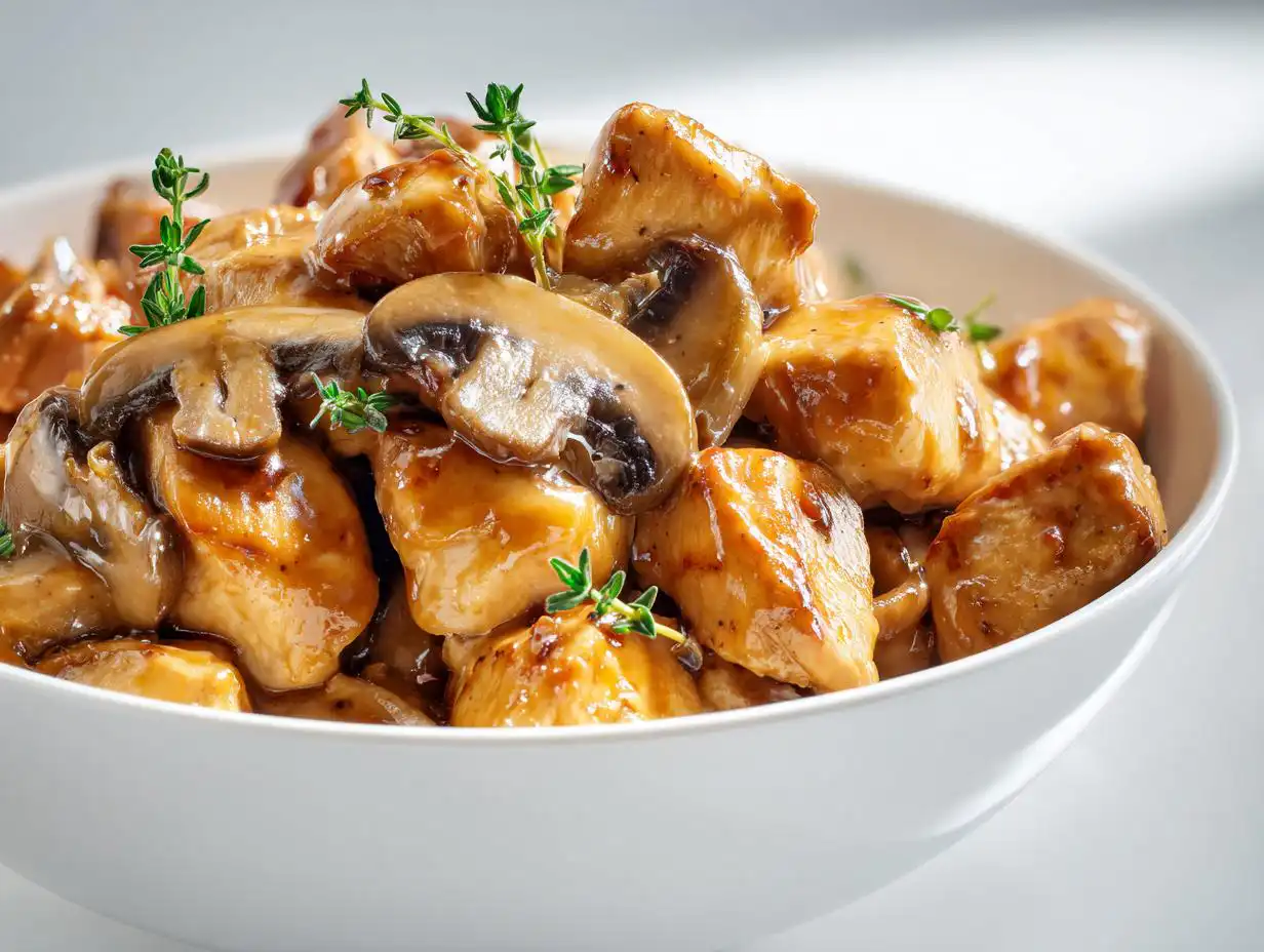 Close-up of bite-sized chicken pieces and sliced mushrooms coated in a rich sauce, part of a Creamy Chicken Skillet Dinner.