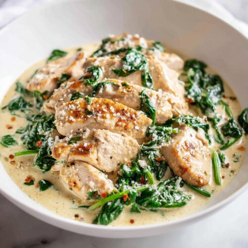 Close-up of sliced chicken breast in a creamy sauce with wilted spinach and Parmesan, perfect for Summer Dinner Ideas Quick.