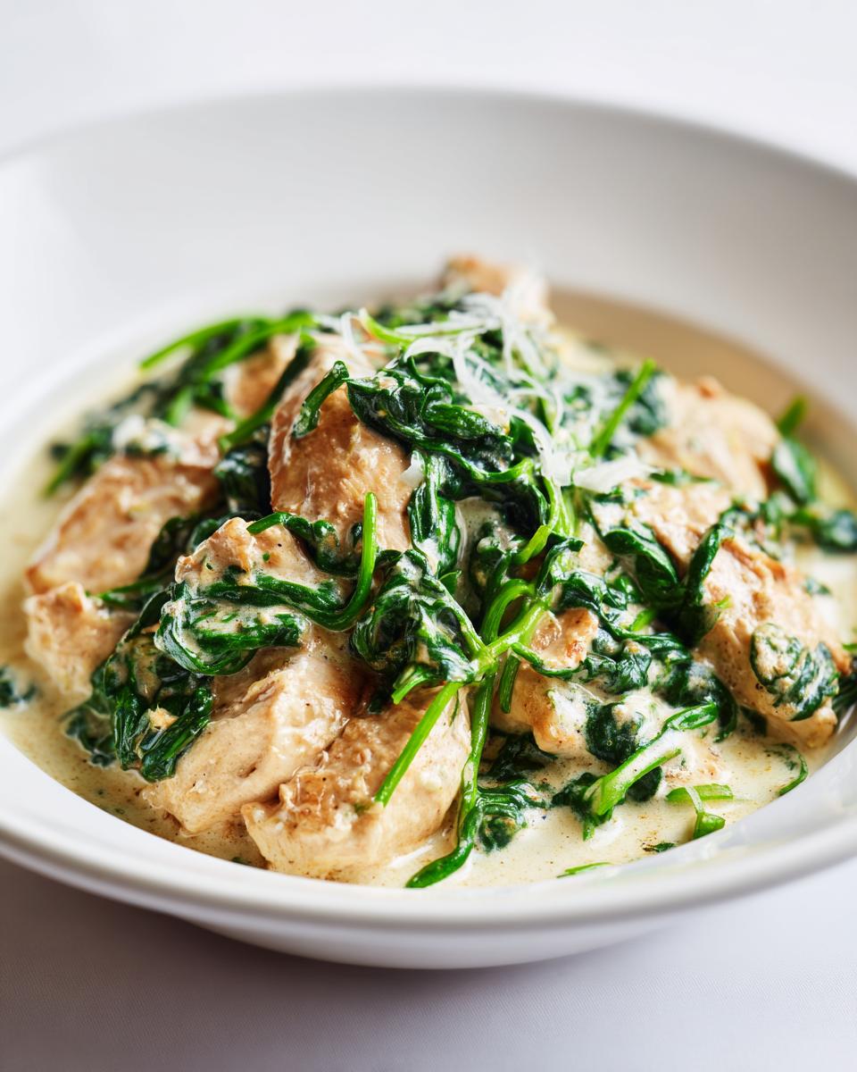 Close-up of creamy chicken pieces smothered in spinach sauce, perfect for Summer Dinner Ideas Quick.