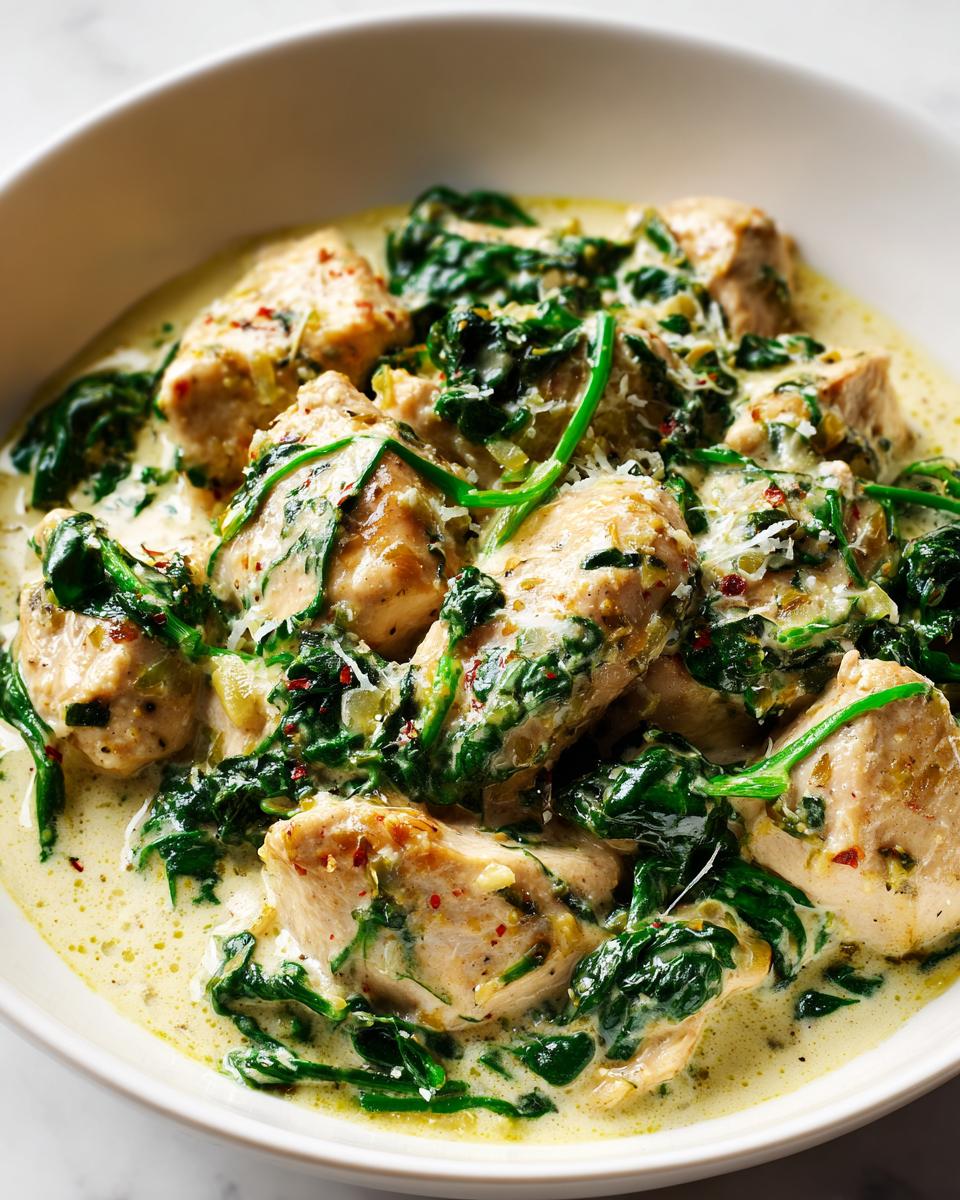 Close-up of creamy chicken pieces with wilted spinach in a light sauce, perfect for Summer Dinner Ideas Quick.
