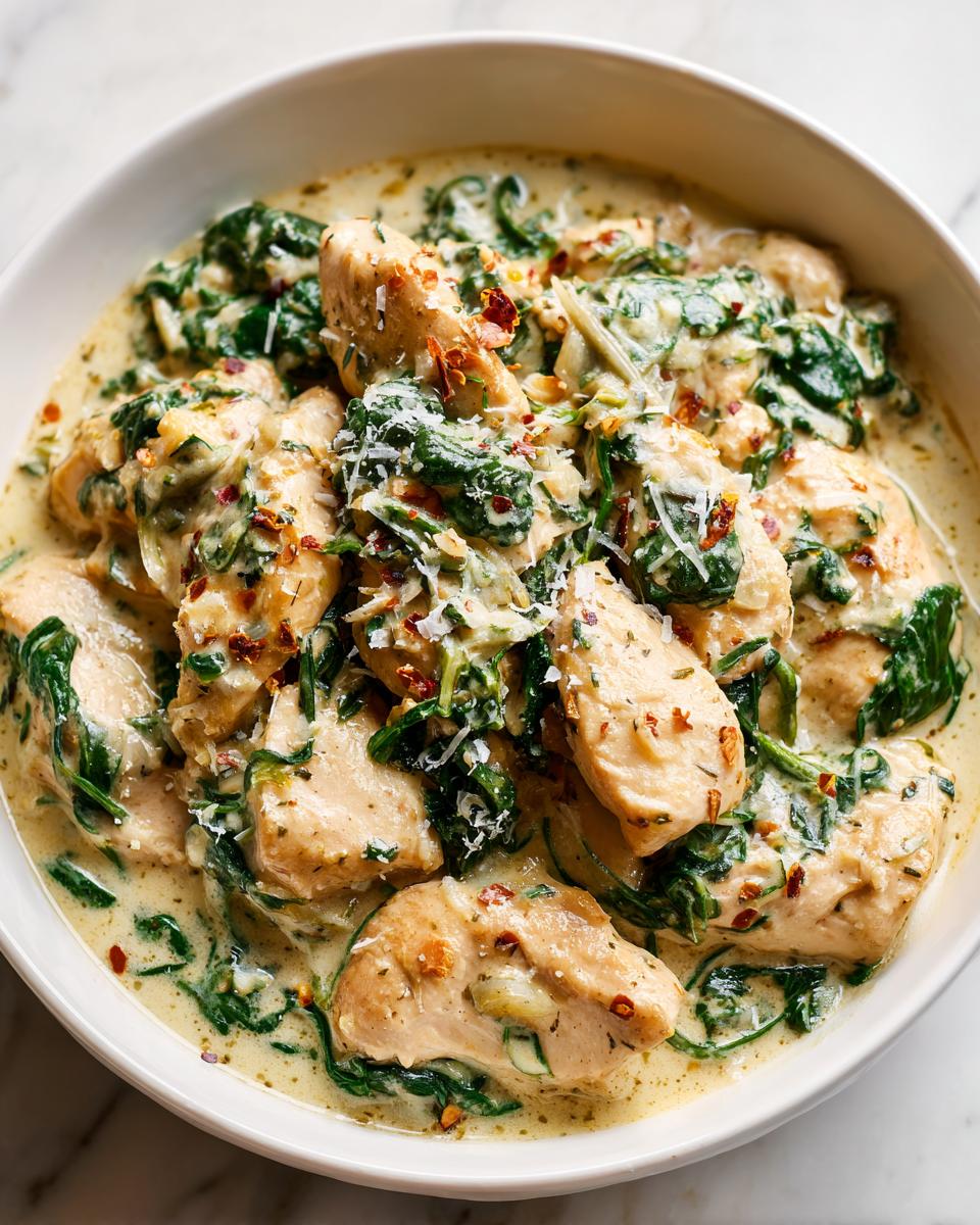 Close-up of creamy chicken and spinach dish, perfect for Summer Dinner Ideas Quick meals.