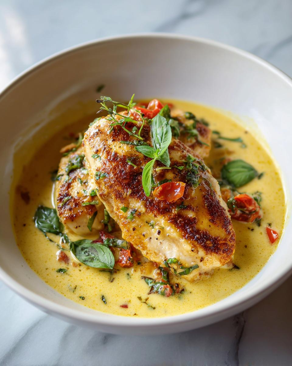 Two pan-seared chicken breasts in a creamy yellow sauce with tomatoes and basil, perfect for Summer Dinner Easy Recipes.