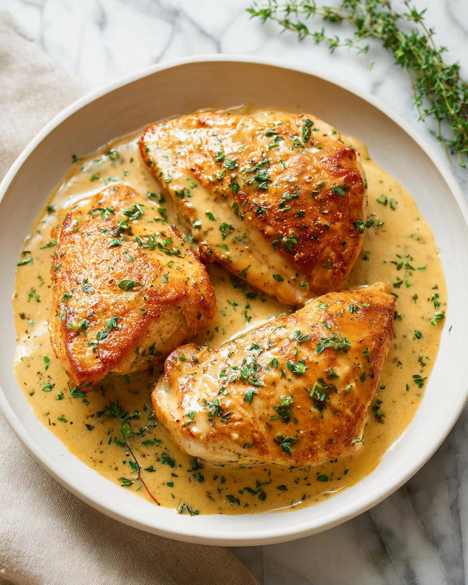 Three golden-brown chicken breasts swimming in a rich, creamy Dijon mustard sauce, garnished with fresh herbs.